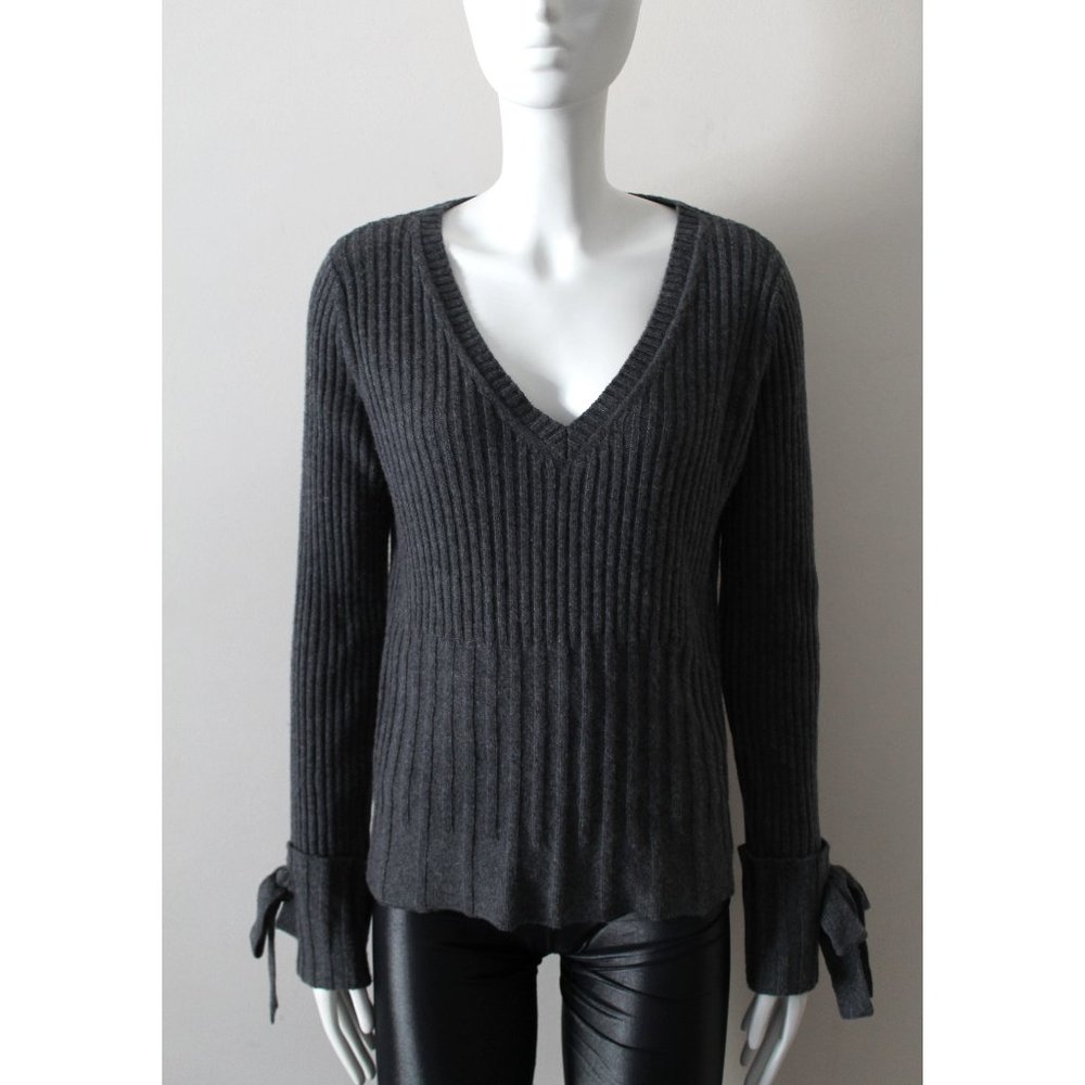 Derek Lam 10 Crosby Tie Sleeve Sweater / Meduim / Dark Grey V-Neck Wool Revolve